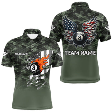 Maxcorners Green Camo 8 Ball Wings American Flag Billiard Shirts For Men Custom Patriotic Pool Team Jersey