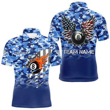 Maxcorners Personalized Blue Camo 8 Ball Wings US Flag Billiard Shirts For Men Patriotic Pool Team Jersey