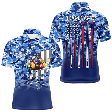 Maxcorners Personalized Blue Camo American Flag Billiard Shirts For Men Patriotic 8 Ball Pool Team Jersey