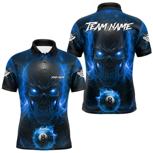 Maxcorners Personalized Blue Billiard Skull Fire 8 Ball Pool Shirt For Men Custom Billiard Team Jersey LM2110