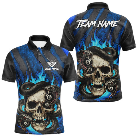 Maxcorners Personalized Skull And Snakes Flame Billiard Shirt For Men Custom 8 Ball Pool Team Jersey |Blue LM2110