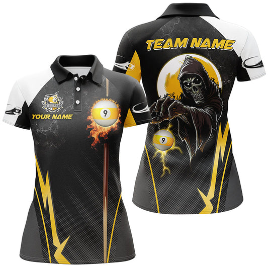 Maxcorners Funny Death Skeleton Billiard Ball 9 Fire And Cue Custom Women Polo Shirts