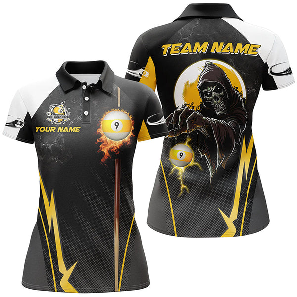 Maxcorners Funny Death Skeleton Billiard Ball 9 Fire And Cue Custom Women Polo Shirts