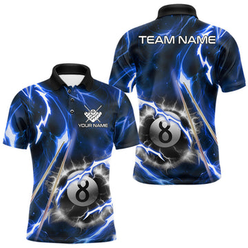 Maxcorners Personalized Blue 8 Ball Fire Flame Billiard Shirt For Men, Pool Team Jersey Polo & 1/4 Zip