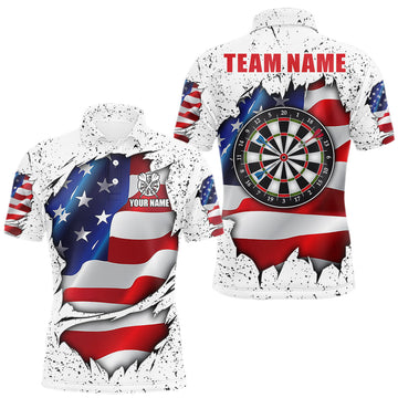 Maxcorners White Grunge American Flag Darts Shirt For Men, Custom Patriotic Darts Team Jersey Polo & 1/4 Zip LM2306