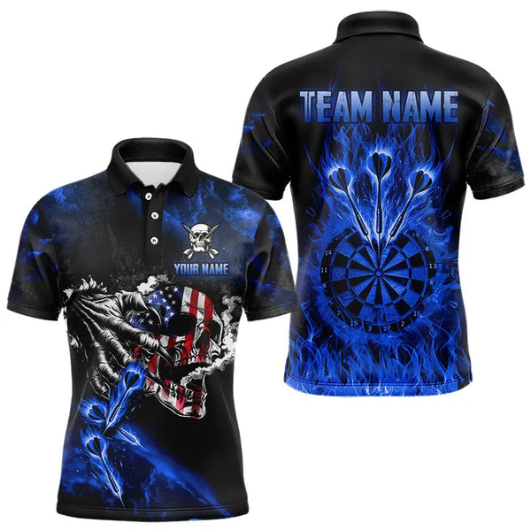 Maxcorners Fire Flame Darts Board American Flag Skull Dart Shirts For Men Custom Darts Team Jerseys |Blue