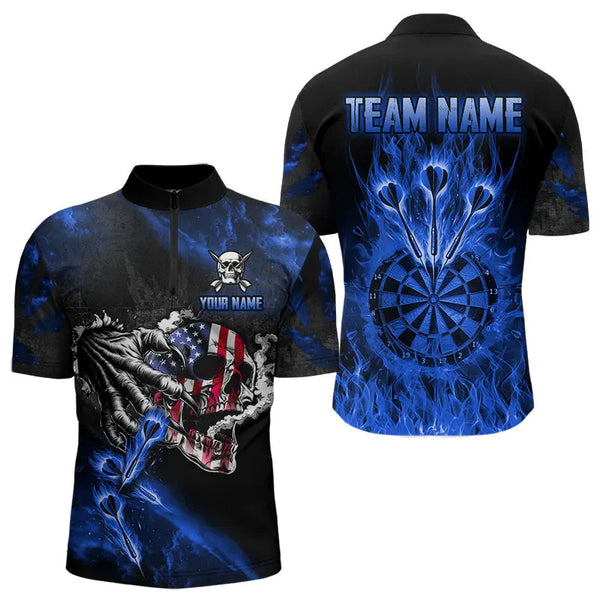 Maxcorners Fire Flame Darts Board American Flag Skull Dart Shirts For Men Custom Darts Team Jerseys |Blue