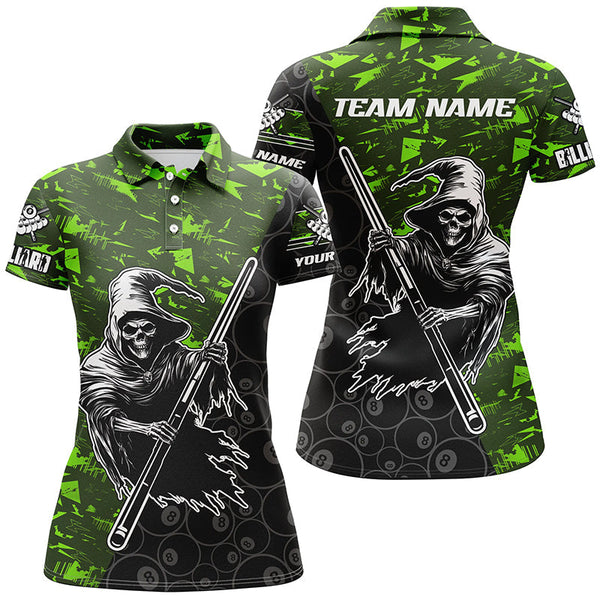 Maxcorners Personalized Green Abstract Death Skeleton Men Billiard Shirts, Halloween Scary Billiard Jerseys