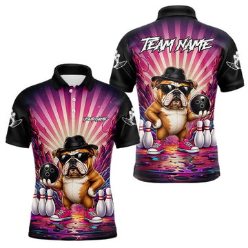 Maxcorners Pink Funny Bulldog Bowling Jersey For Men Custom Graffiti Bowling Shirt Team Polo & 1/4 Zip Shirt