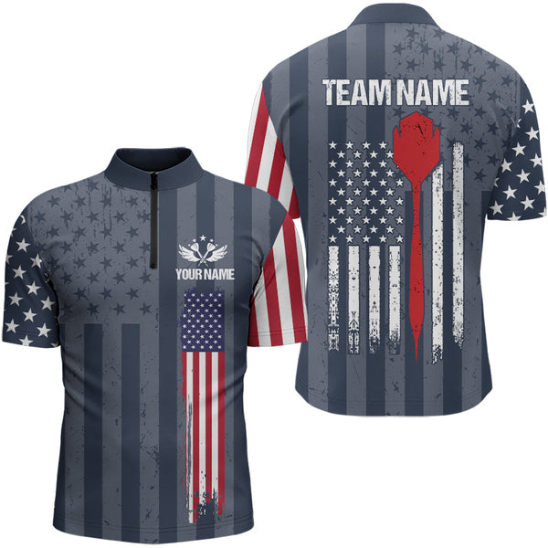 Maxcorners American Flag Navy Darts Polo & Quarter Zip Shirt Custom Patriotic Darts Shirt For Men Dart Jersey