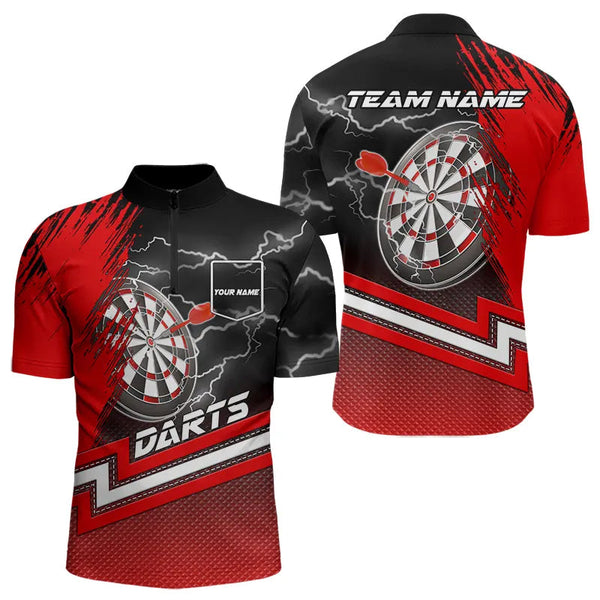 Maxcorners Black And Red Darts Shirts For Men Custom Lightning Dart Polo & Quarter Zip, Cool Dart Team Jerseys