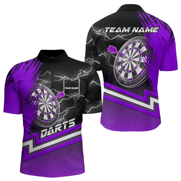 Maxcorners Black And Purple Darts Shirts For Men Custom Lightning Dart Polo & Quarter Zip, Cool Dart Jerseys