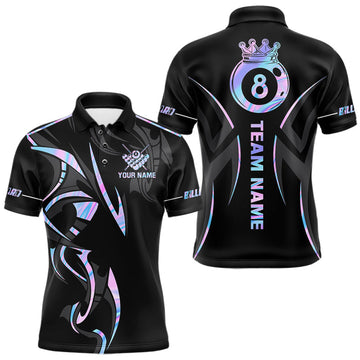 Maxcorners Custom Holographic 8 Ball Crown Billiard Shirts For Men, Pool Team Jersey Polo & 1/4 Zip |Black LM2603