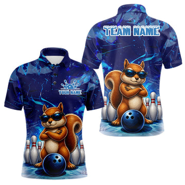 Maxcorners Personalized Blue Funny Squirrel Bowling Shirt For Men Custom Bowling Team Jersey Polo & 1/4 Zip