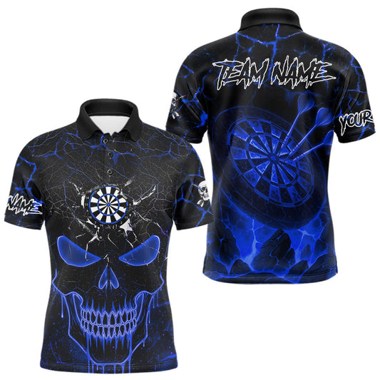 Maxcorners Personalized Skull Cracks Pattern Blue Darts Shirt For Men, Darts League Jersey Polo & 1/4 Zip LM2603