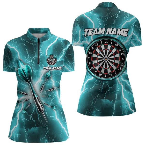 Maxcorners Turquoise Thunder Lightning 3D Women Darts Polo & Quarter Zip Custom Dart Shirt For Women Dart Jersey