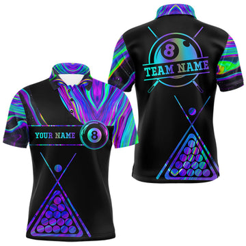 Maxcorners Neon Purple Blue 8 Ball Tie Dye Custom Billiard Shirts For Men, Pool Team Jersey Polo & 1/4 Zip LM2306