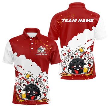Maxcorners White And Red Funny Beer Drunk Bowling Shirts For Men Custom Bowling League Bowling Team Jersey LM0409