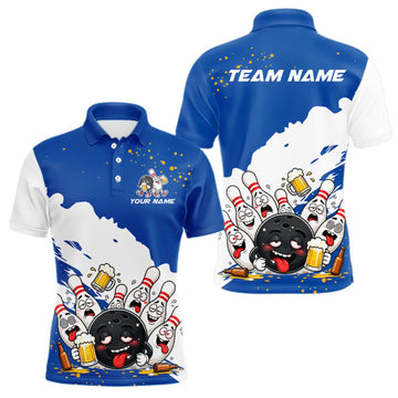 Maxcorners White And Blue Funny Beer Drunk Bowling Shirts For Men Custom Bowling League Bowling Team Jersey LM0409