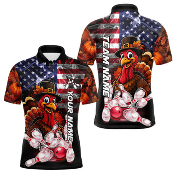 Maxcorners Funny Turkey American Flag Smoke Bowling Shirts For Men Custom Thanksgiving Bowling Team Jersey LM0409