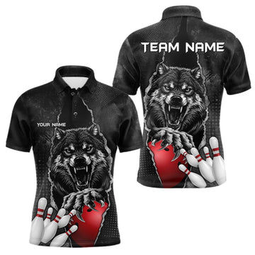 Maxcorners Personalized Wolf Black Grunge Bowling Shirts For Men Custom Bowling Team Jersey Polo & 1/4 Zip LM2709