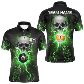 Maxcorners Green 8 & 9 Ball Skull Billiard Shirt For Men Custom Glass Break Pool Team Jersey Polo & 1/4 Zip LM2602