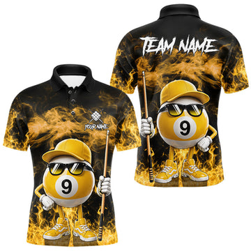 Maxcorners Yellow Funny 9 Ball Pool Flame Smoke Billiard Shirt For Men Custom Billiard Team Jersey Uniform