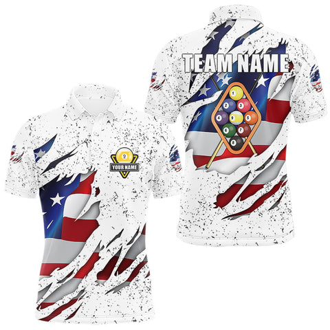 Maxcorners 9 Ball Pool US Flag White Grunge Custom Men's Billiard Shirt, Patriotic Billiard Team Jersey LM0611