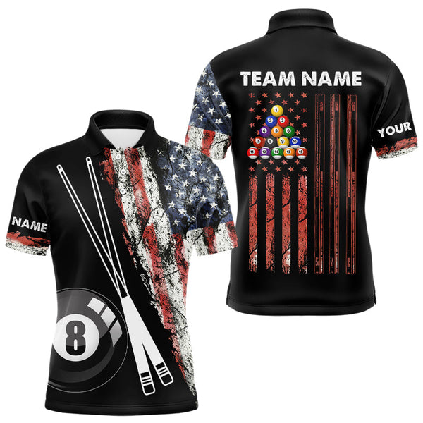 Maxcorners Retro Grunge American Flag 8 Ball Pool Billiard Shirt For Men Custom Patriotic Billiard Team Jersey