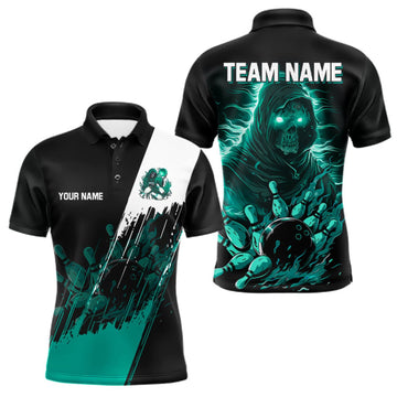 Maxcorners Black And Teal Lightning Grim Reaper Skull Bowling Shirts For Men Custom Bowling Team Jersey LM0410