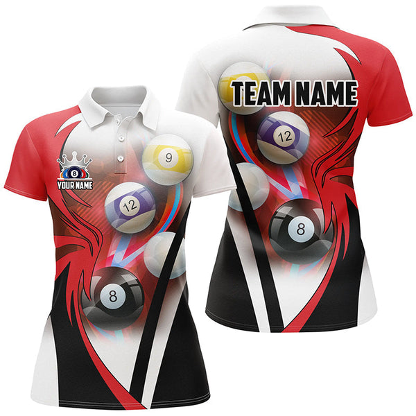 Maxcorners Personalized Billiard Tournament Shirts For Women Custom Team Name Billiard Balls Pool Jerseys |Red