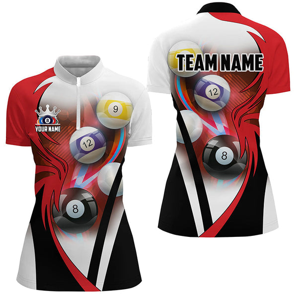 Maxcorners Personalized Billiard Tournament Shirts For Women Custom Team Name Billiard Balls Pool Jerseys |Red