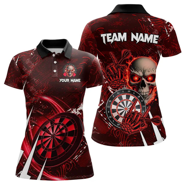 Maxcorners Personalized Red 3D Skull Darts Polo & 1/4 Zip Shirts For Women Custom Cool Darts League Team Jersey