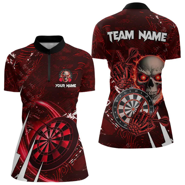 Maxcorners Personalized Red 3D Skull Darts Polo & 1/4 Zip Shirts For Women Custom Cool Darts League Team Jersey