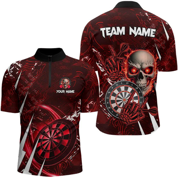 Maxcorners Personalized Red 3D Skull Darts Polo & 1/4 Zip Shirts For Men Custom Cool Darts League Team Jersey