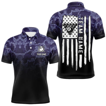 Maxcorners Black And Purple Camo US Flag 8 Ball Billiard Shirt For Men Custom Pool Team Jersey Polo & 1/4 Zip