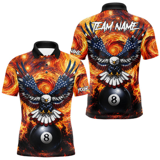 Maxcorners Custom Fire Flame 8 Ball US Flag Eagle Billiard Shirts For Men, Pool Team Jersey Polo & 1/4 Zip