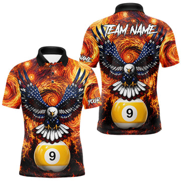 Maxcorners Custom Fire Flame 9 Ball US Flag Eagle Billiard Shirts For Men, Pool Team Jersey Polo & 1/4 Zip