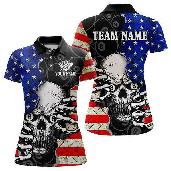 Maxcorners Personalized American Flag Menacing Skull Billiard Shirts Patriotic 8 Ball Billiard Jersey