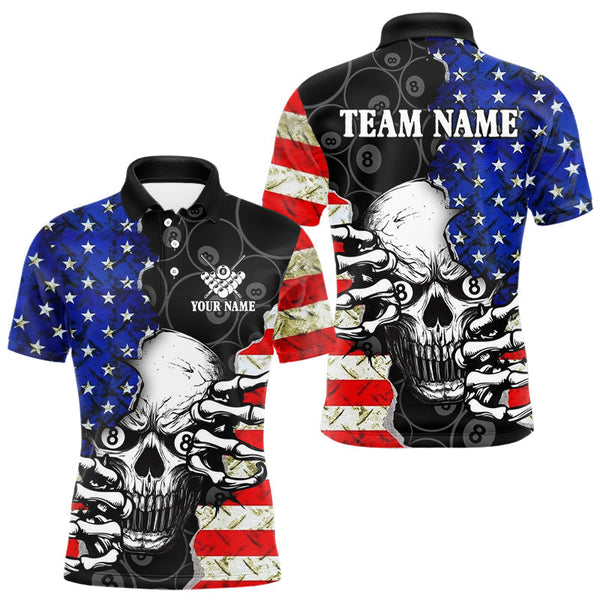 Maxcorners Personalized American Flag Menacing Skull Billiard Shirts Patriotic 8 Ball Billiard Jersey