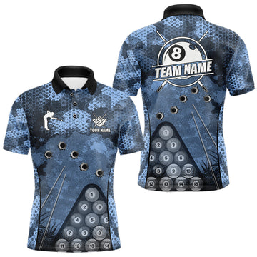 Maxcorners Blue Camo 8 Ball Billiard Shirt For Men Custom Pool Team Shirt, Billiard Jersey Polo & 1/4 Zip