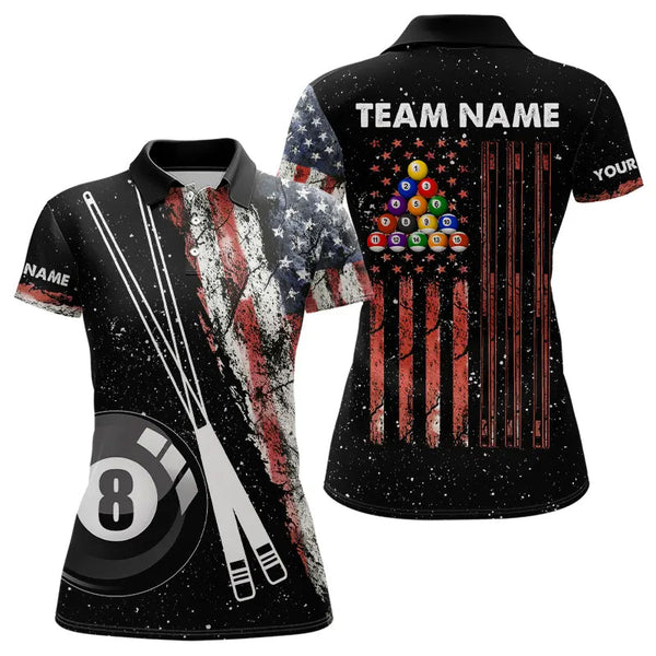 Maxcorners Retro Black Grunge American Flag 8 Ball Pool Men And Women Billiard Shirts Custom Patriotic Billiard Jersey