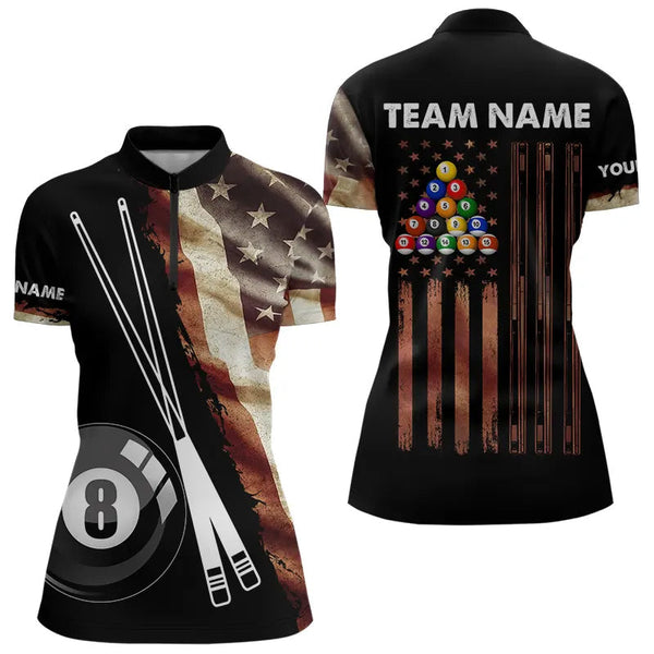 Maxcorners Retro Grunge American Flag 8 Ball Pool Billiard Shirt For Men And Women Custom Patriotic Billiard Team Jersey