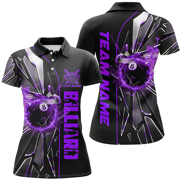 MaxCorners Billiard Purple Glass Crack 8 Ball Customized Name, Team Name 3D Polo Shirt For Women