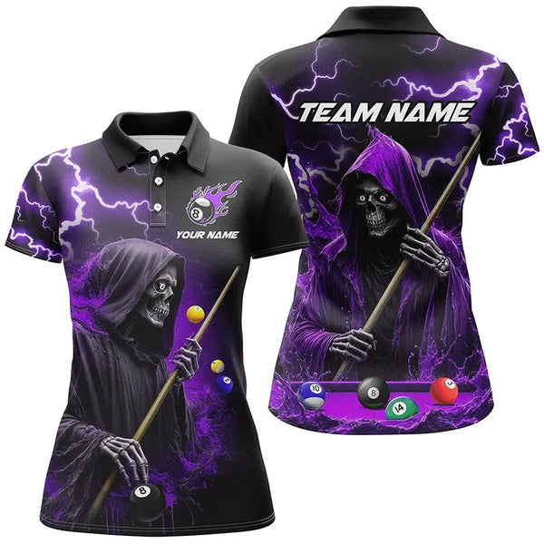 Maxcorners Purple Grim Reaper Billiard Shirts For Women Custom Thunder Lightning Team League Billiard Jerseys