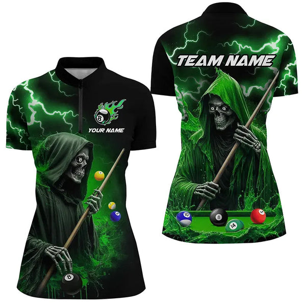 Maxcorners Green Grim Reaper Billiard Shirts For Women Custom Thunder Lightning Team League Billiard Jerseys