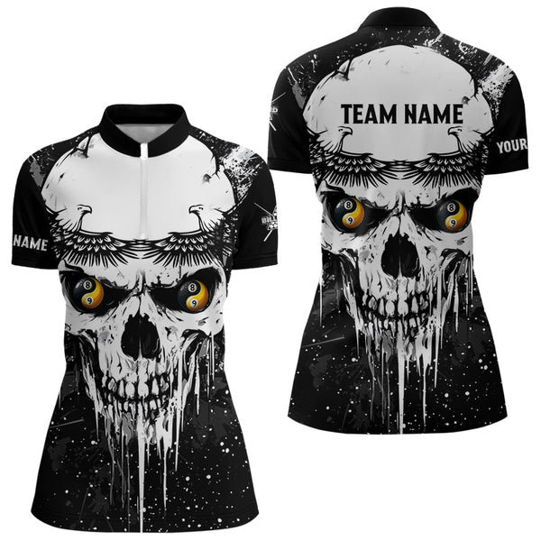 Maxcorners Personalized Black White Grunge Skull Ying And Yang Eyes Women Billiard Shirts, Funny Billiard Jersey