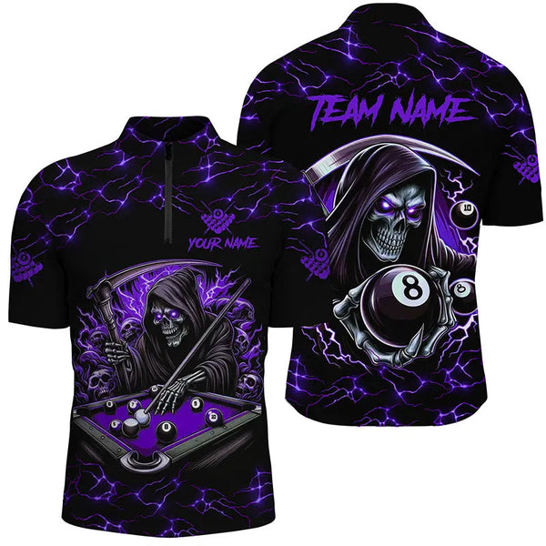 Maxcorners Billiard Purple Funny Death Skeleton 8 BallCustomized Name, Team Name 3D Shirt