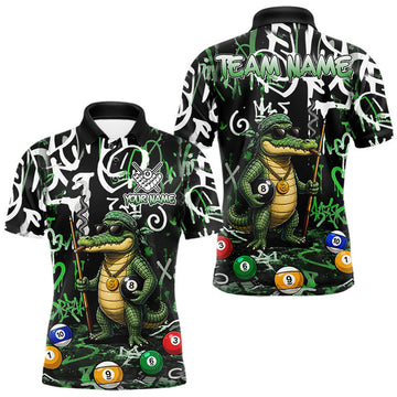 Maxcorners Green Funny Alligator Graffiti 8 Ball Billiard Shirt For Men Custom Pool Team Jersey Polo, 1/4 Zip LM0208