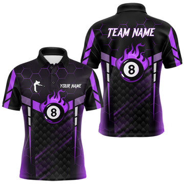 Maxcorners Personalized Purple 8 Ball Flame Billiard Polo & Quarter Zip For Men, 8 Ball Pool Team Jersey LM0503